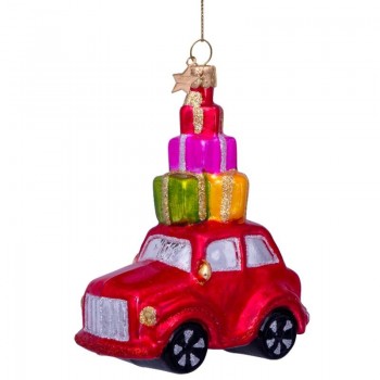 Фото Новогоднее украшение из стекла Vondels "Красная машина с подарками" 11.5см