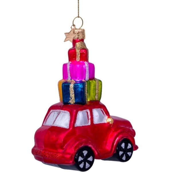 Фото Новогоднее украшение из стекла Vondels "Красная машина с подарками" 11.5см