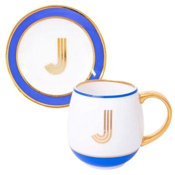 Фото Кружка с блюдцем «Library» золотая буква «J» (голубого цвета)