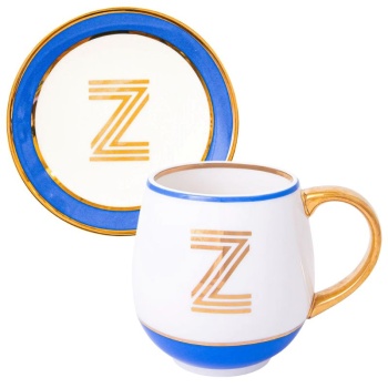 Фото Кружка с блюдцем «Library» золотая буква «Z» (голубого цвета)