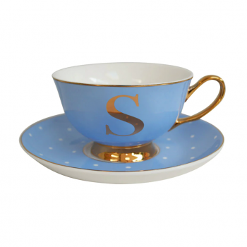 Фото Чашка c блюдцем «Bloomsbury» золотая буква «S» (голубого цвета)