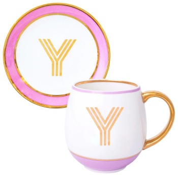 Фото Кружка с блюдцем «Library» золотая буква «Y» (розового цвета)