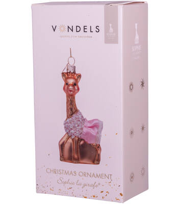 Фото Новогоднее украшение из стекла Vondels "Жирафик Софи в розовом платье" 10см - в подарочной коробке