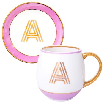 Фото Кружка с блюдцем «Library» золотая буква «A» (розового цвета)