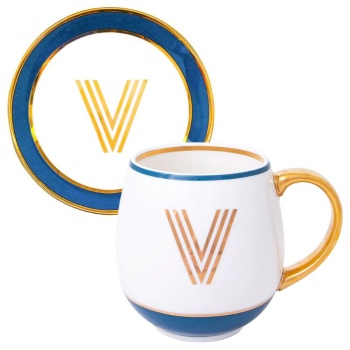 Фото Кружка с блюдцем «Library» золотая буква «V» (синего цвета)