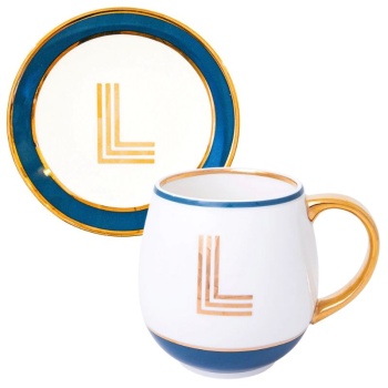 Фото Кружка с блюдцем «Library» золотая буква «L» (синего цвета)