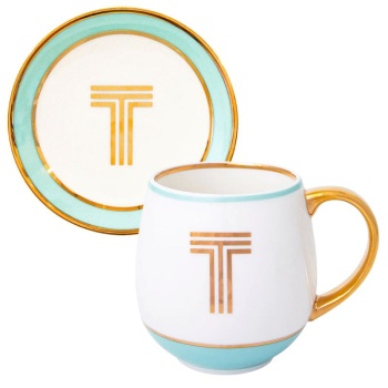 Фото Кружка с блюдцем «Library» золотая буква «T» (мятного цвета)