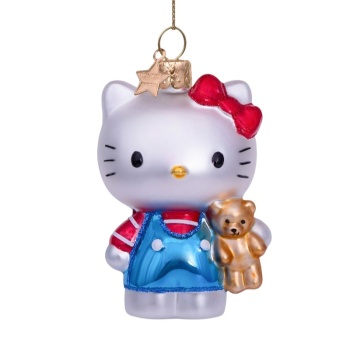 Фото Новогоднее украшение из стекла Vondels 'Hello Kitty в голубом с мишкой' 9см – в подарочной коробке