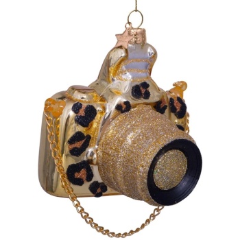 Фото Новогоднее украшение из стекла Vondels "Золотая камера с леопардовым принтом" 9см