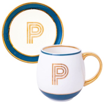 Фото Кружка с блюдцем «Library» золотая буква «P» (синего цвета)