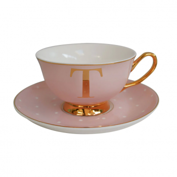 Фото Чашка c блюдцем «Bloomsbury» золотая буква «T» (розового цвета)