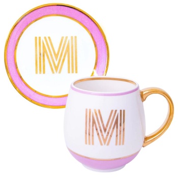 Фото Кружка с блюдцем «Library» золотая буква «M» (розового цвета)