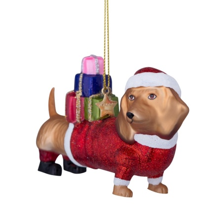 Новогоднее украшение из стекла Vondels "Такса Санта Клаус с подарками" 7.5см детальная картинка 