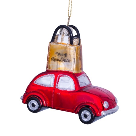 Новогоднее украшение из стекла Vondels "Красная машина с золотой сумкой" 9см детальная картинка 