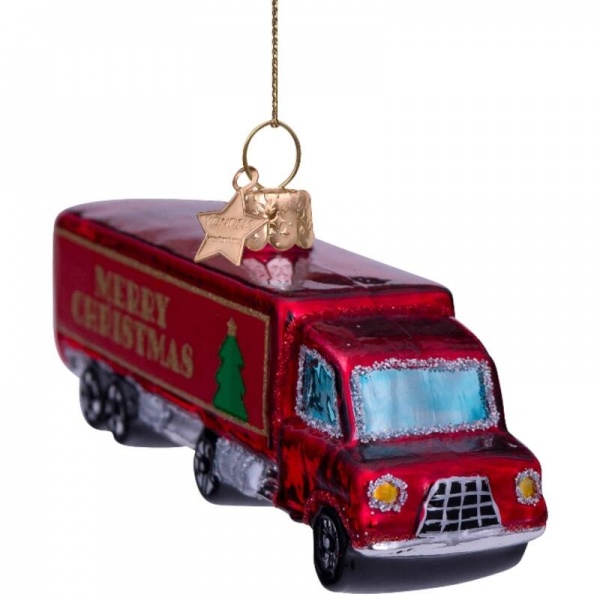 Фото Новогоднее украшение из стекла Vondels "Красный рождественский грузовик" 5см