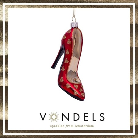 Новогоднее украшение из стекла Vondels "Красный туфель с золотом" 10см детальная картинка 