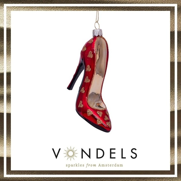 Фото Новогоднее украшение из стекла Vondels "Красный туфель с золотом" 10см