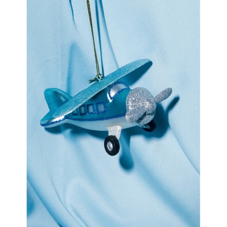 Новогоднее украшение из стекла Vondels "Голубой самолет" 5см детальная картинка 