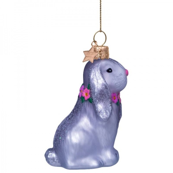 Фото Новогоднее украшение из стекла Vondels "Серый кролик в цветочном ожерелье" 8.6см
