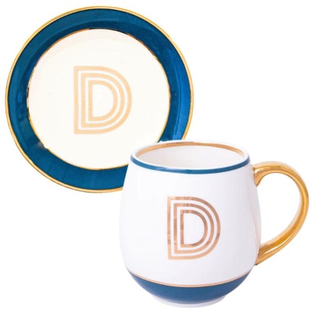 Кружка с блюдцем «Library» золотая буква «D» (синего цвета) детальная картинка 