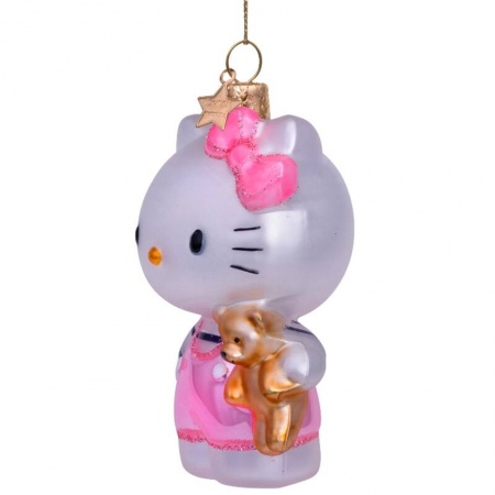 Новогоднее украшение из стекла Vondels "Hello Kitty в розовом с мишкой" 9см - в подарочной коробке детальная картинка 