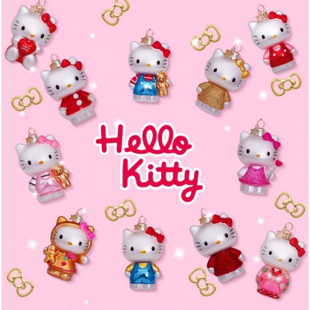 Новогоднее украшение из стекла Vondels "Hello Kitty в розовом с мишкой" 9см - в подарочной коробке детальная картинка 