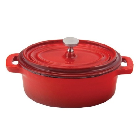 Кастрюля порционная овальная 450мл красная, эмалированный чугун детальная картинка 