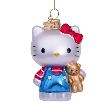 Новогоднее украшение из стекла Vondels "Hello Kitty в голубом с мишкой" 9см - в подарочной коробке детальная картинка 
