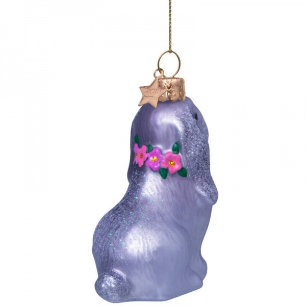 Фото Новогоднее украшение из стекла Vondels "Серый кролик в цветочном ожерелье" 8.6см