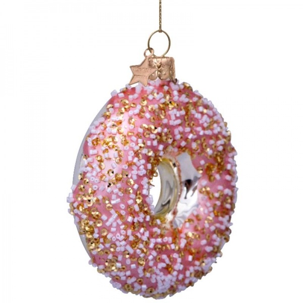 Фото Новогоднее украшение из стекла Vondels "Розовый пончик с позолотой" 11см