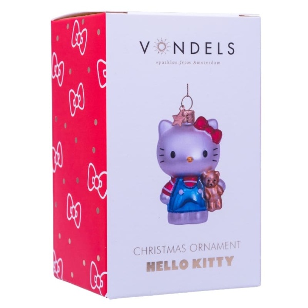 Фото Новогоднее украшение из стекла Vondels 'Hello Kitty в голубом с мишкой' 9см – в подарочной коробке