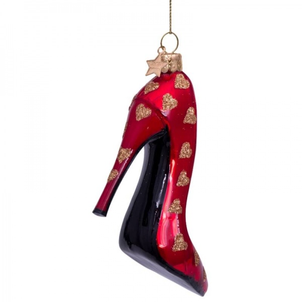 Фото Новогоднее украшение из стекла Vondels "Красный туфель с золотом" 10см