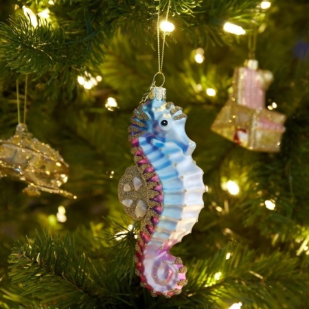 Новогоднее украшение из стекла Vondels "Сине-золотой морской конек" 13.5см детальная картинка 