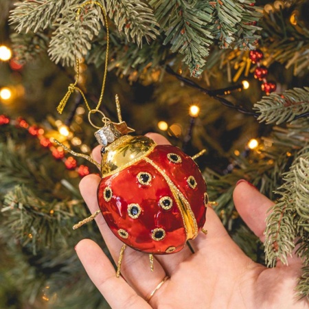 Новогоднее украшение из стекла Vondels "Божья коровка красная с золотом" 9см детальная картинка 
