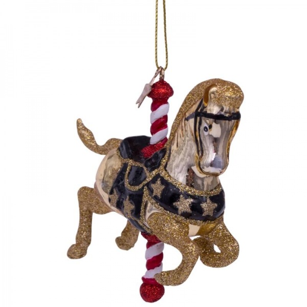 Фото Новогоднее украшение из стекла Vondels "Золотая карусельная лошадка" 9см
