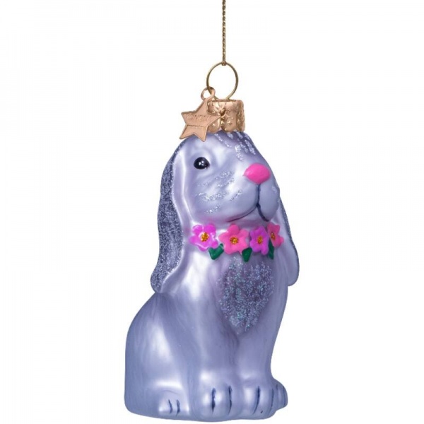Фото Новогоднее украшение из стекла Vondels "Серый кролик в цветочном ожерелье" 8.6см
