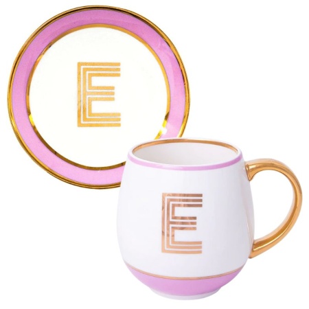 Кружка с блюдцем «Library» золотая буква «E» (розового цвета) детальная картинка 
