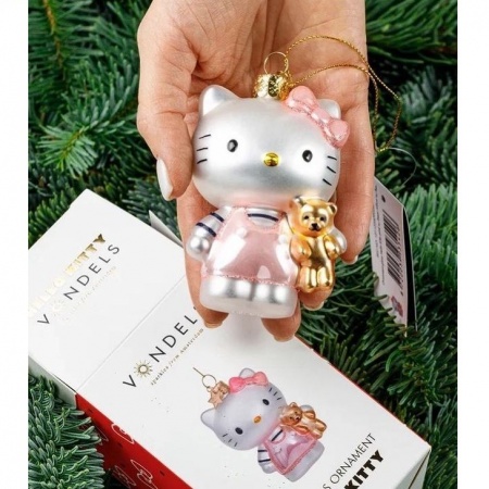 Новогоднее украшение из стекла Vondels "Hello Kitty в розовом с мишкой" 9см - в подарочной коробке детальная картинка 