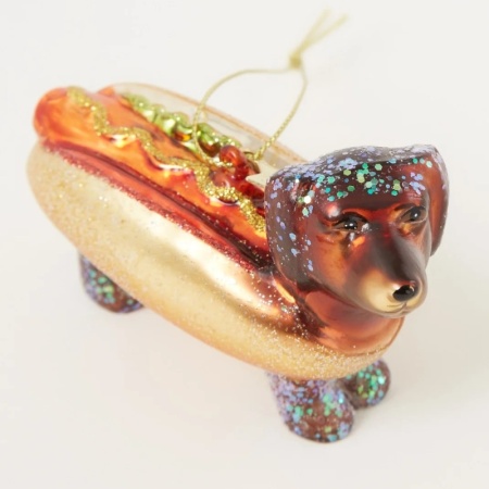 Новогоднее украшение из стекла Vondels "Такса хот-дог" 6см детальная картинка 