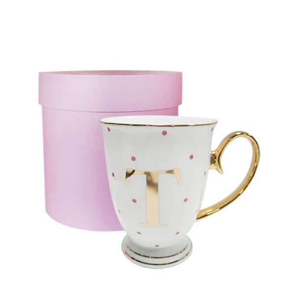 Фото Кружка «Bloomsbury» золотая буква «T» (в розовый горошек)