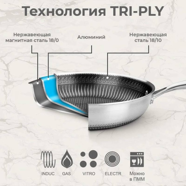 Фото Сковорода Ø26/19.5см Honeycombs нерж. 3-х слойная — P.L. Proff Cuisine