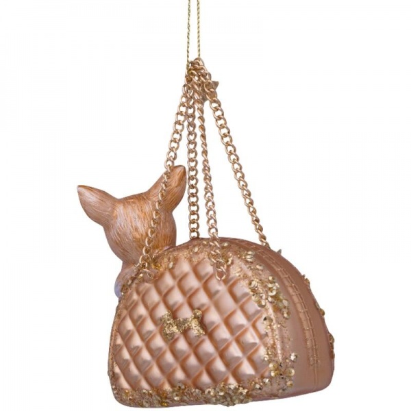 Фото Новогоднее украшение из стекла Vondels "Золотая собачка в сумочке" 10см