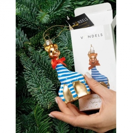 Новогоднее украшение из стекла Vondels "Жирафик Софи в сине-белую полоску" 10см - в подарочной коробке детальная картинка 