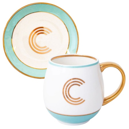 Кружка с блюдцем «Library» золотая буква «C» (мятного цвета) детальная картинка 