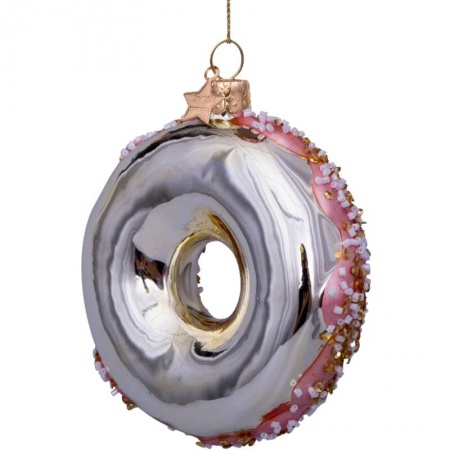 Новогоднее украшение из стекла Vondels "Розовый пончик с позолотой" 11см детальная картинка 