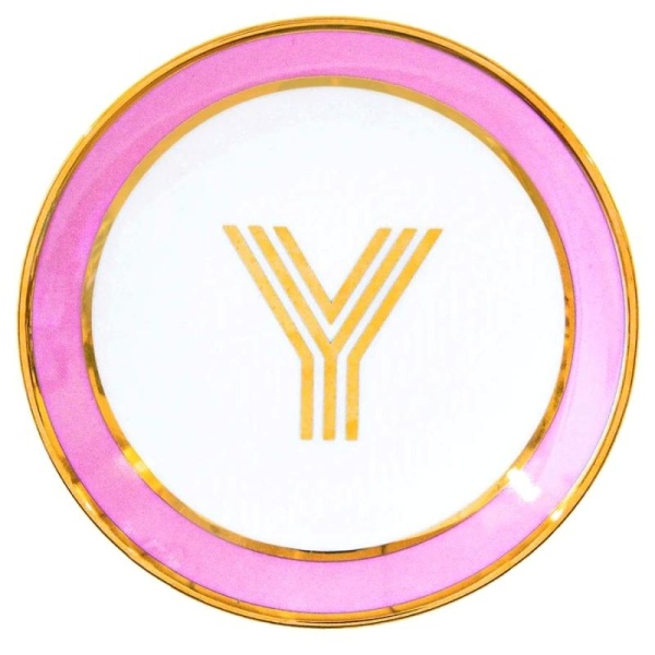 Фото Кружка с блюдцем «Library» золотая буква «Y» (розового цвета)