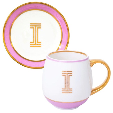 Кружка с блюдцем «Library» золотая буква «I» (розового цвета) детальная картинка 