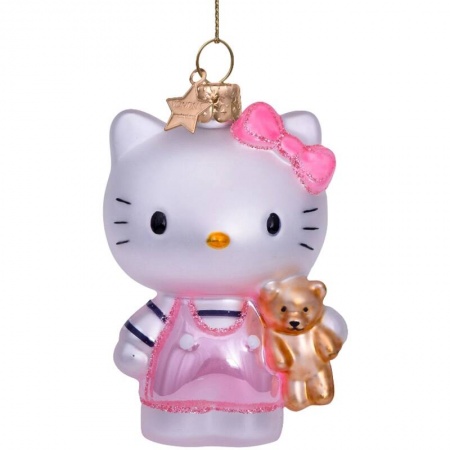 Новогоднее украшение из стекла Vondels "Hello Kitty в розовом с мишкой" 9см - в подарочной коробке детальная картинка 