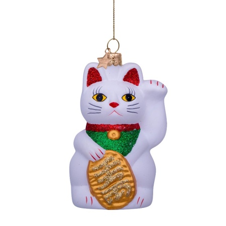 Новогоднее украшение из стекла Vondels "Белый кот Манэки-Нэко" 9см детальная картинка 