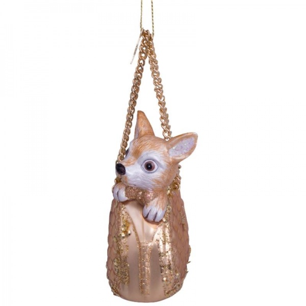 Фото Новогоднее украшение из стекла Vondels "Золотая собачка в сумочке" 10см